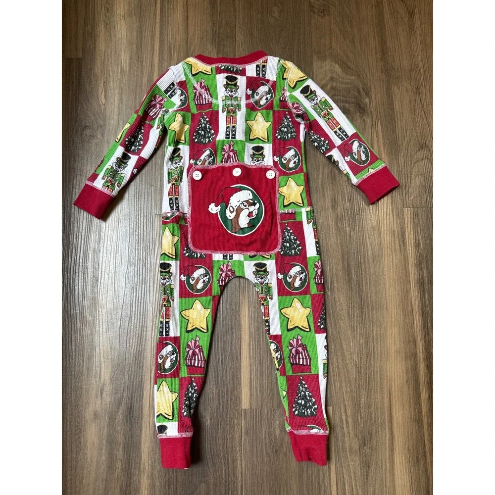 Buc-ee's Christmas Union Suit Toddler 3T Red‎ Green Waffle Knit Pajamas